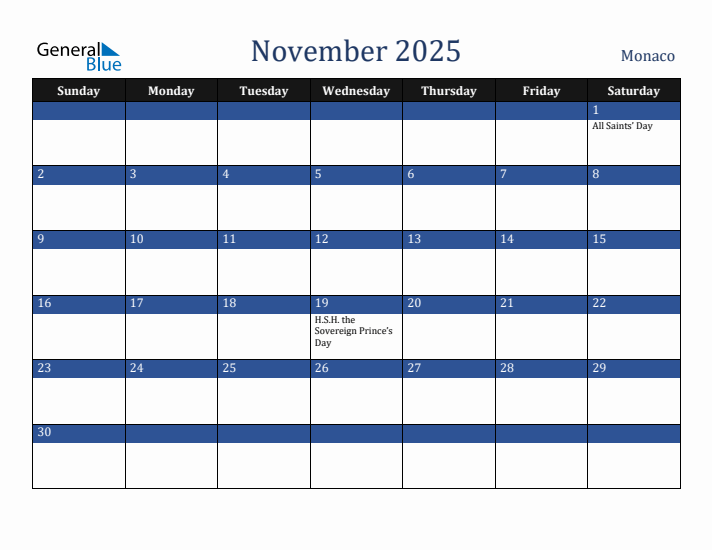 November 2025 Monaco Calendar (Sunday Start)