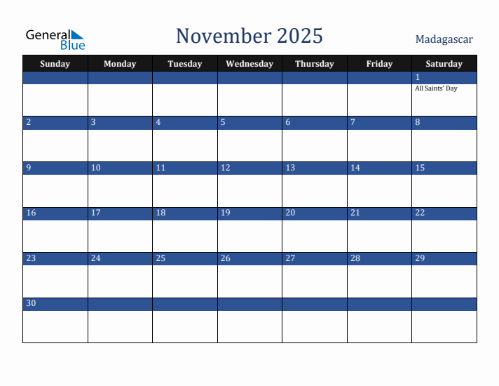 November 2025 Madagascar Calendar (Sunday Start)
