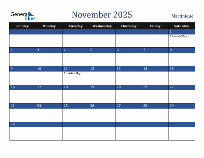 November 2025 Martinique Calendar (Sunday Start)