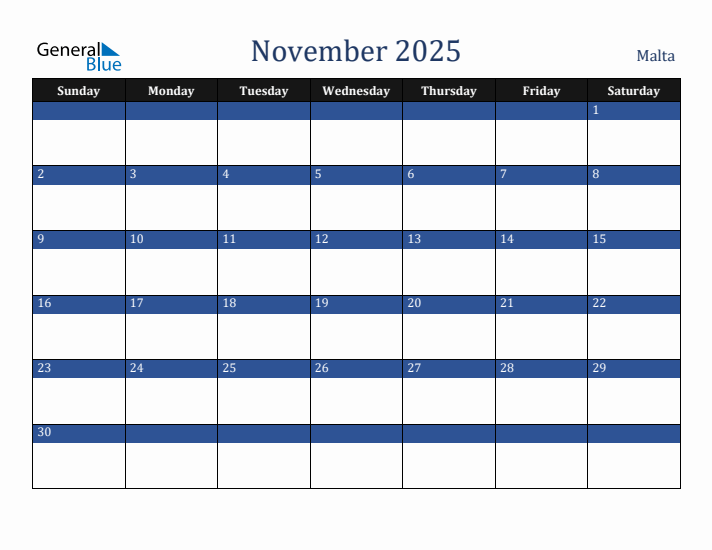 November 2025 Malta Calendar (Sunday Start)