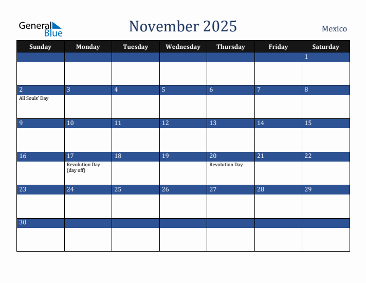 November 2025 Mexico Calendar (Sunday Start)