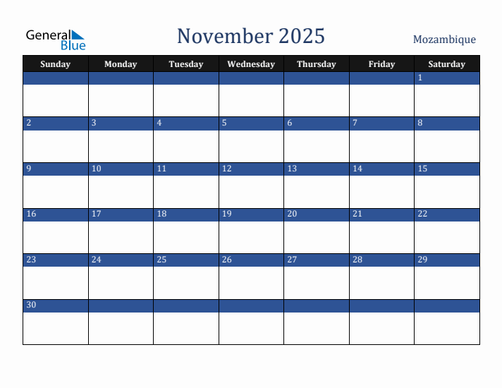 November 2025 Mozambique Calendar (Sunday Start)
