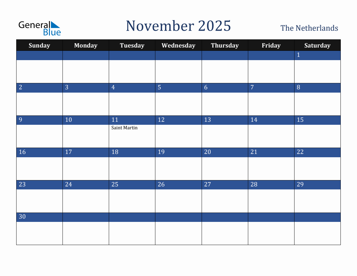 November 2025 Netherlands Holiday Calendar