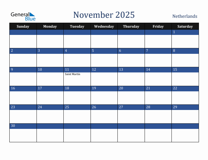 November 2025 The Netherlands Calendar (Sunday Start)
