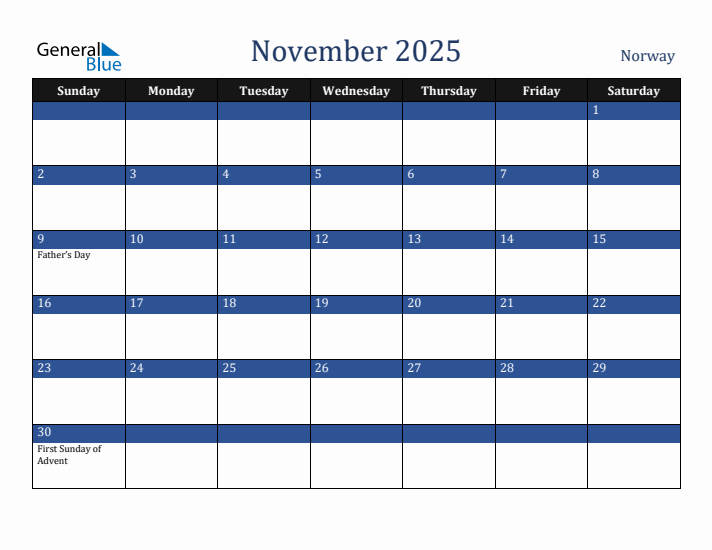 November 2025 Norway Calendar (Sunday Start)