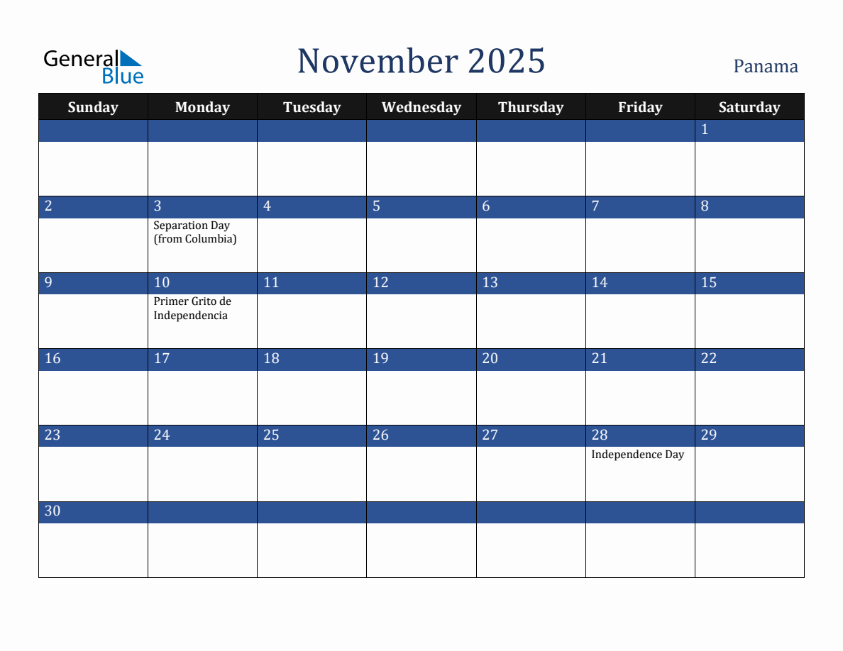 November 2025 Panama Holiday Calendar