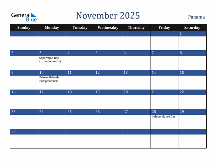 November 2025 Panama Calendar (Sunday Start)