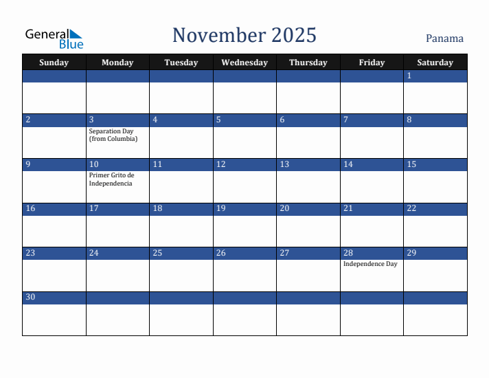 November 2025 Monthly Calendar with Panama Holidays