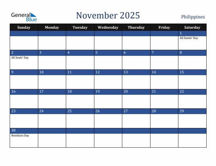 November 2025 Philippines Calendar (Sunday Start)