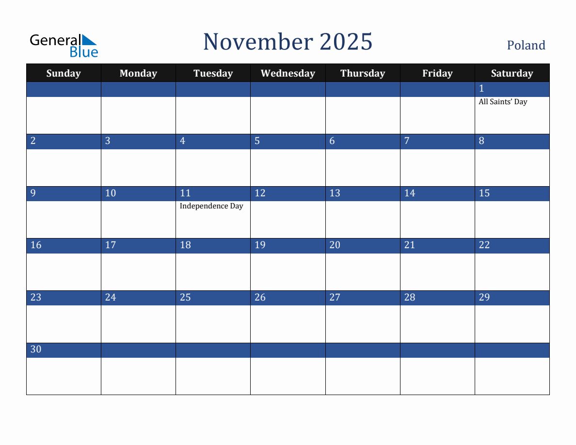 November 2025 Poland Holiday Calendar