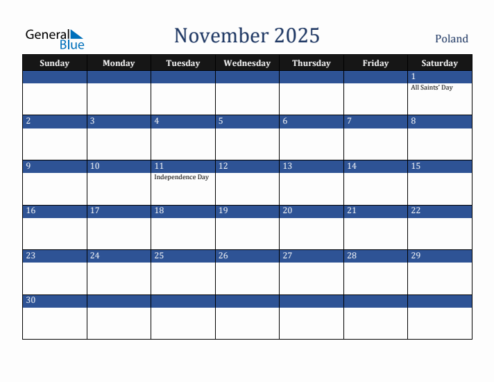 November 2025 Poland Calendar (Sunday Start)