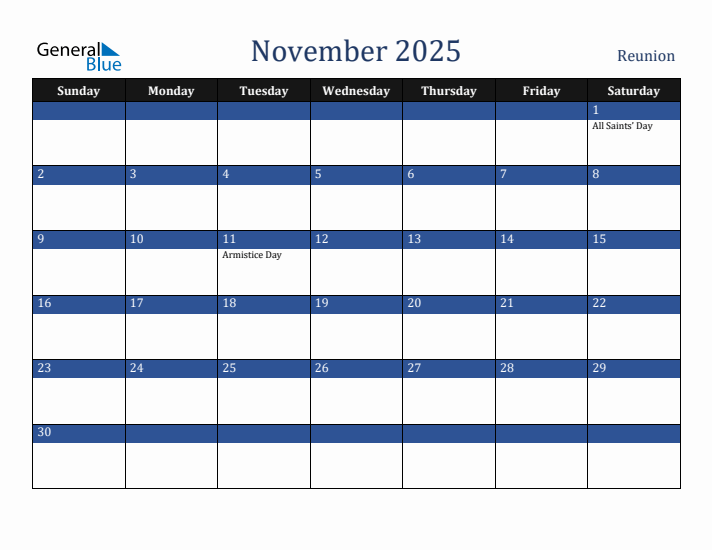 November 2025 Reunion Calendar (Sunday Start)