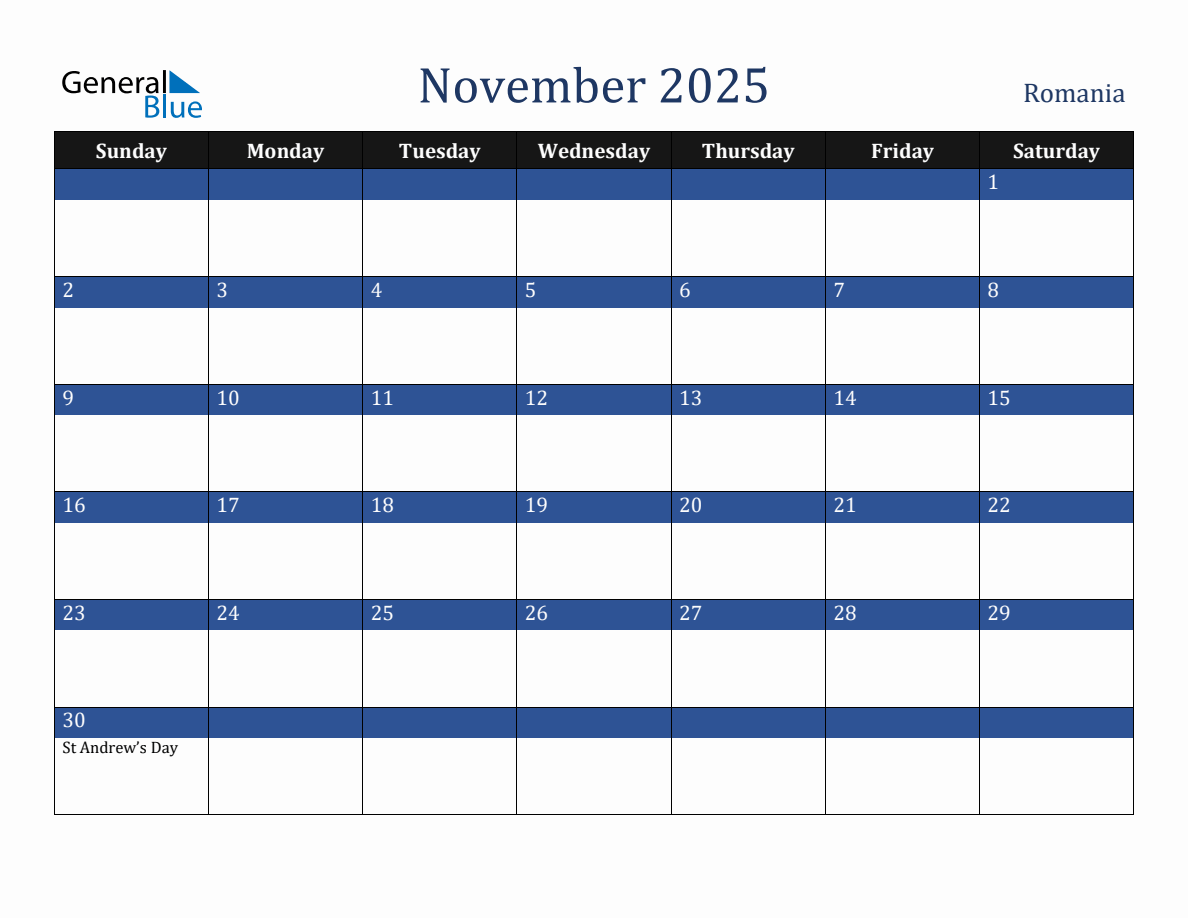 November 2025 Romania Holiday Calendar