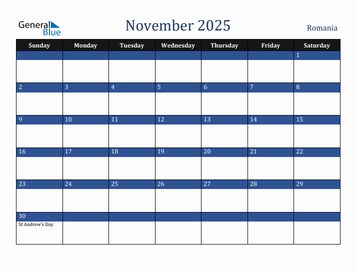 November 2025 Romania Calendar (Sunday Start)
