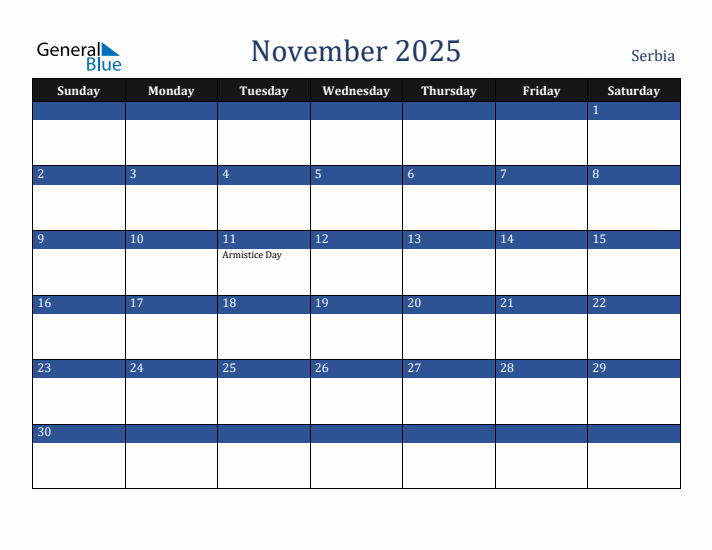 November 2025 Serbia Calendar (Sunday Start)