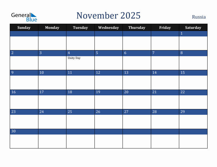 November 2025 Russia Calendar (Sunday Start)