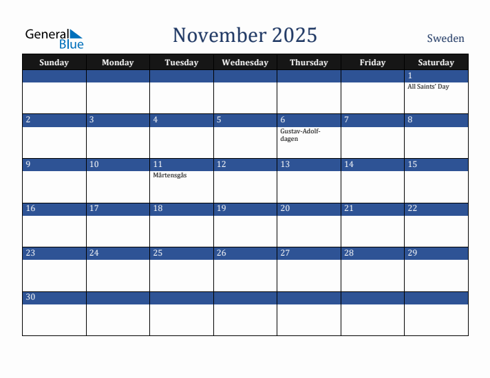 November 2025 Sweden Calendar (Sunday Start)
