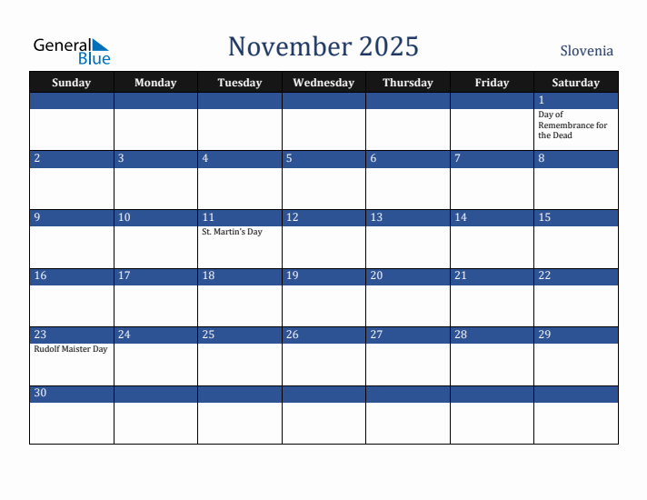 November 2025 Slovenia Calendar (Sunday Start)