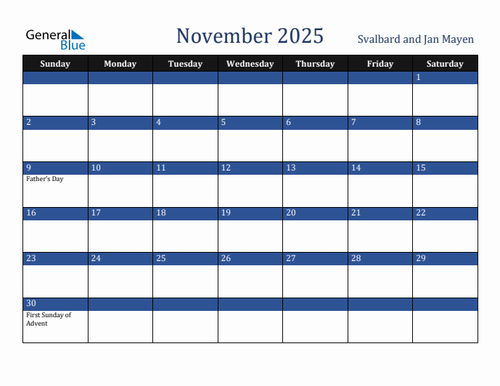 November 2025 Svalbard and Jan Mayen Calendar (Sunday Start)