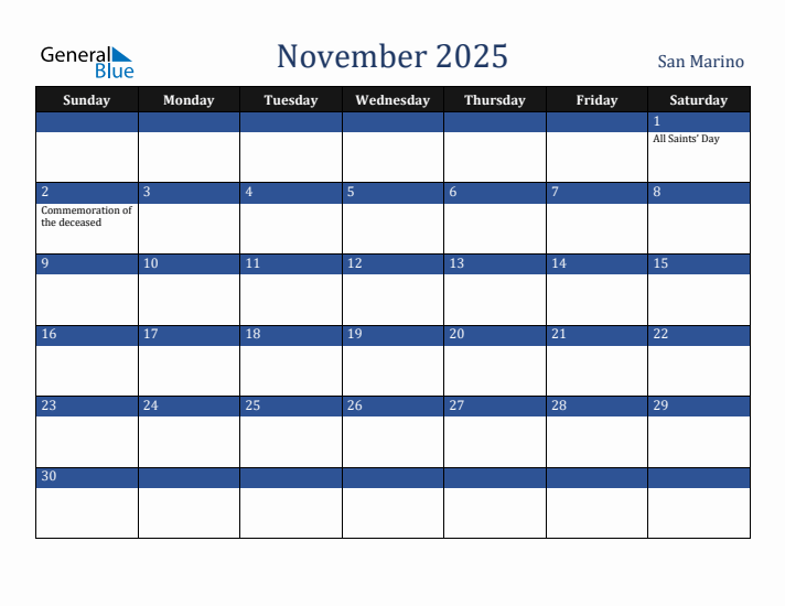 November 2025 San Marino Calendar (Sunday Start)