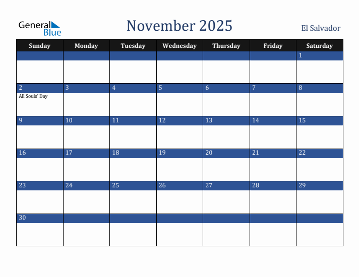 November 2025 El Salvador Calendar (Sunday Start)