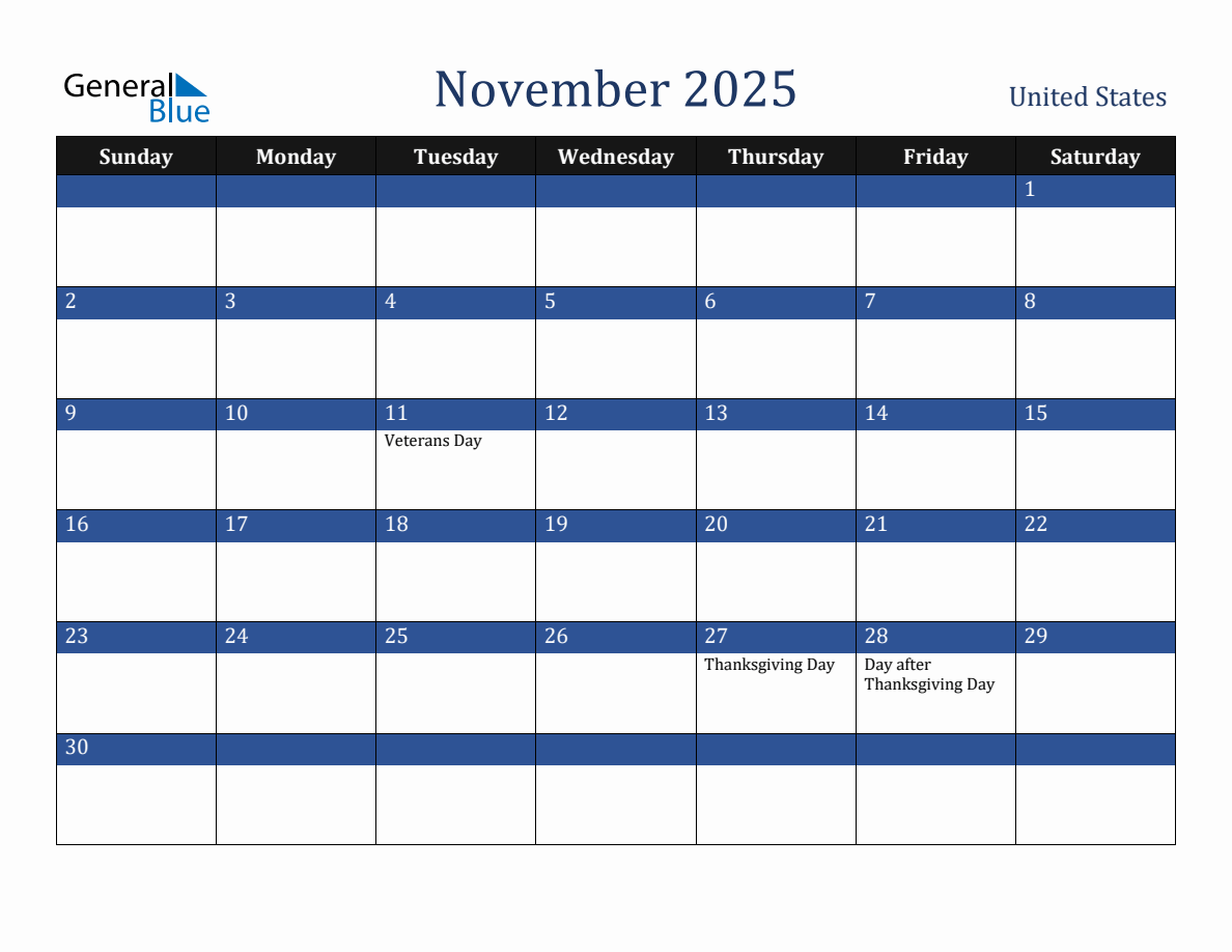 November 2025 United States Holiday Calendar