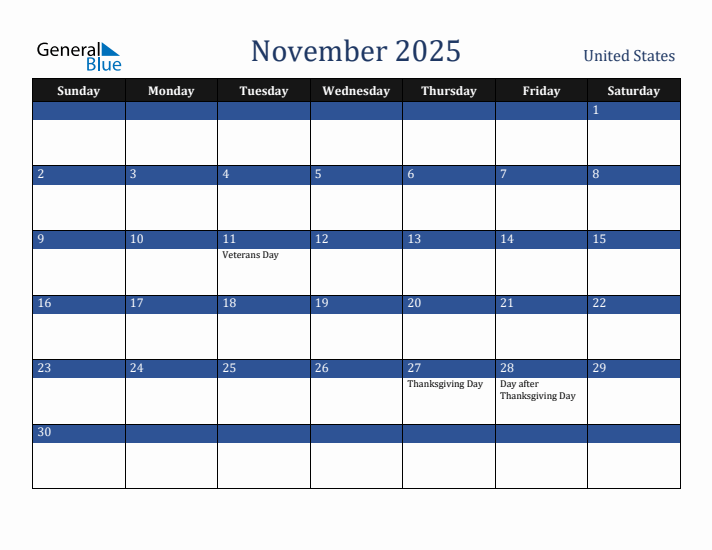 November 2025 United States Calendar (Sunday Start)