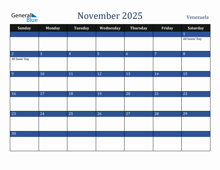 November 2025 Venezuela Calendar (Sunday Start)