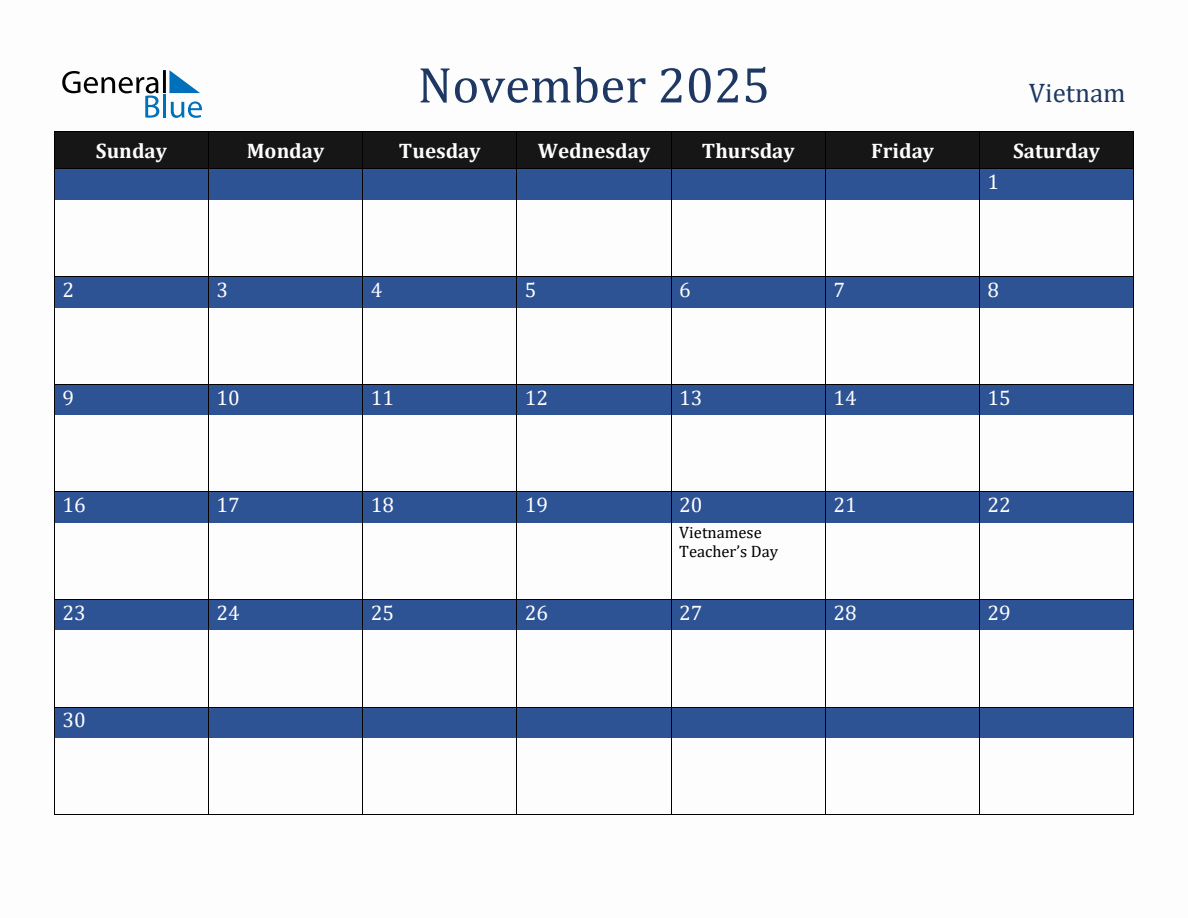 November 2025 Vietnam Holiday Calendar