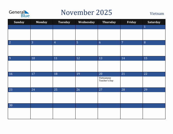 November 2025 Vietnam Calendar (Sunday Start)