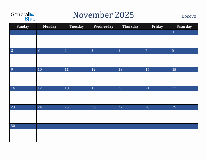 November 2025 Kosovo Calendar (Sunday Start)