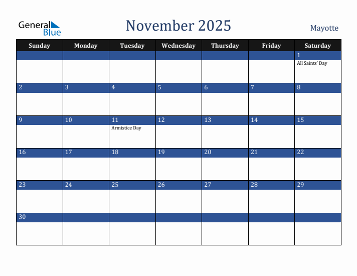 November 2025 Mayotte Calendar (Sunday Start)