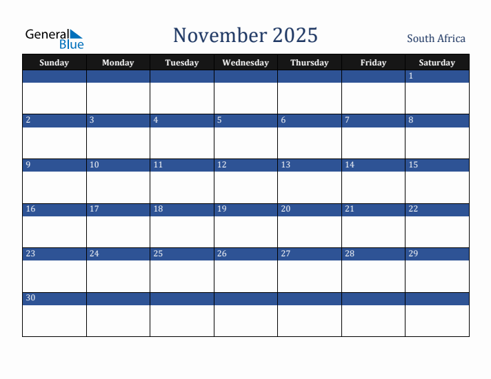November 2025 South Africa Calendar (Sunday Start)