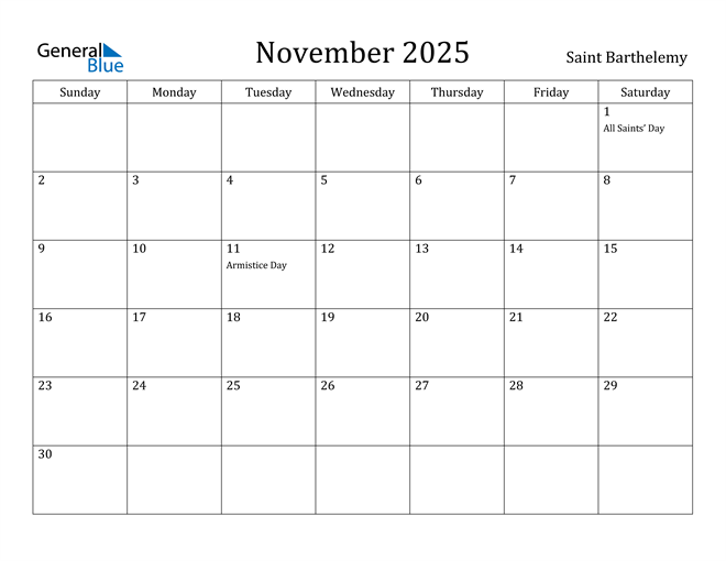 November 2025 Calendar Saint Barthelemy