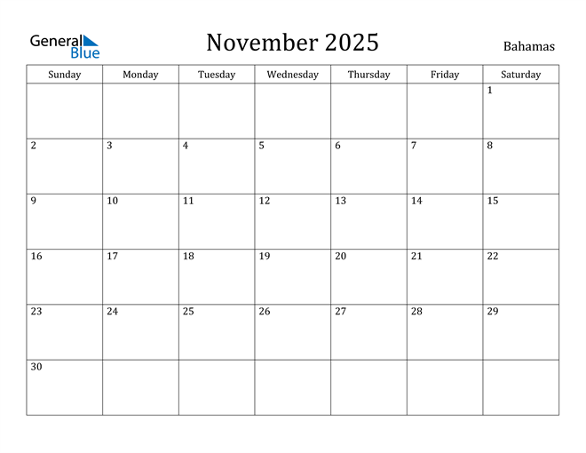 November 2025 Calendar with Bahamas Holidays