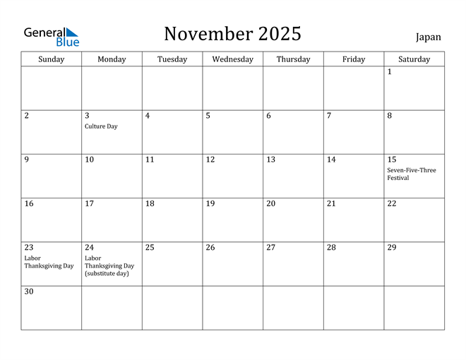 November 2025 Calendar with Japan Holidays