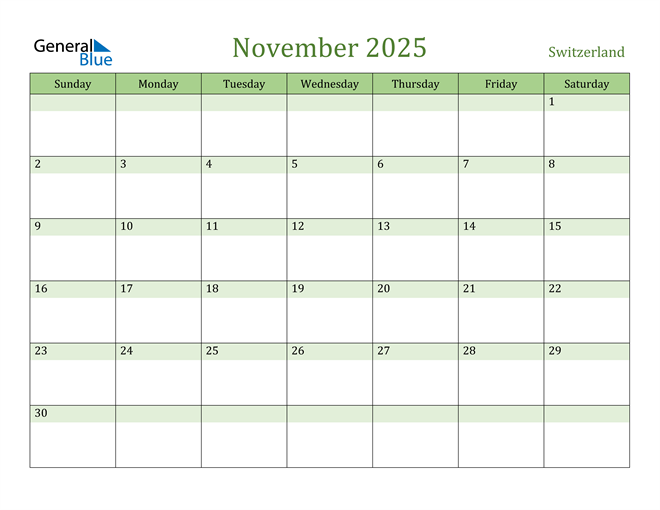 Switzerland November 2025 Calendar with Holidays