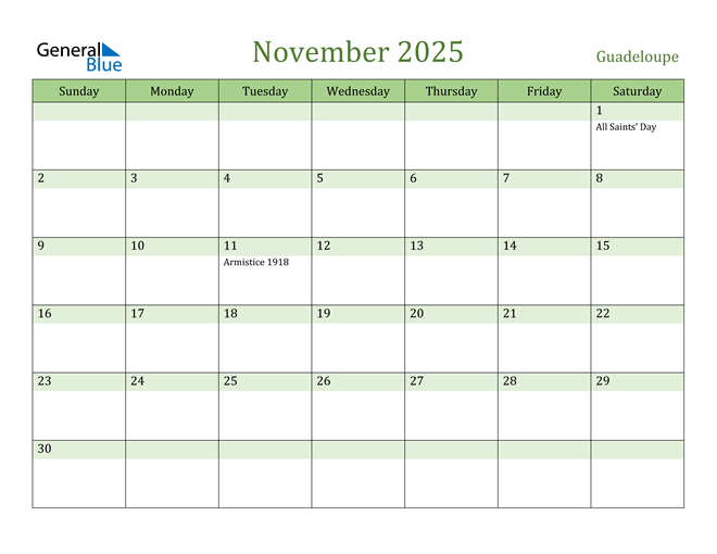 November 2025 Calendar with Guadeloupe Holidays