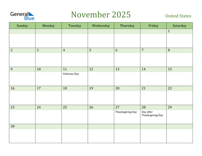 November 2025 Calendar with United States Holidays