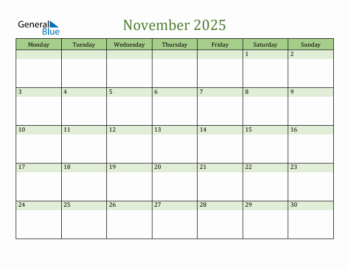 November 2025 Calendar with Monday Start