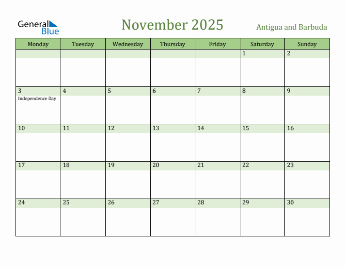 November 2025 Calendar with Antigua and Barbuda Holidays