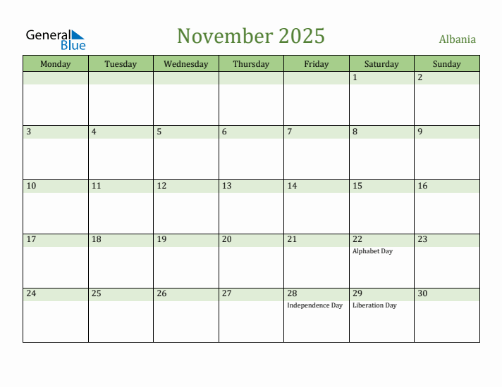 November 2025 Calendar with Albania Holidays