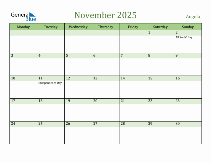 November 2025 Calendar with Angola Holidays