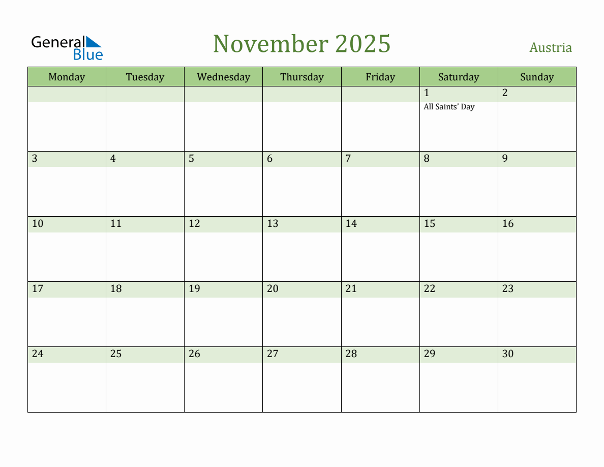 Fillable Holiday Calendar for Austria November 2025