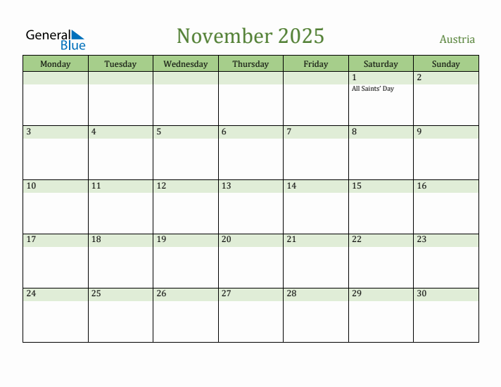 November 2025 Calendar with Austria Holidays