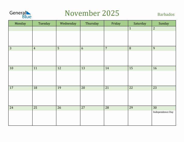 November 2025 Calendar with Barbados Holidays