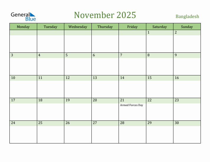 November 2025 Calendar with Bangladesh Holidays