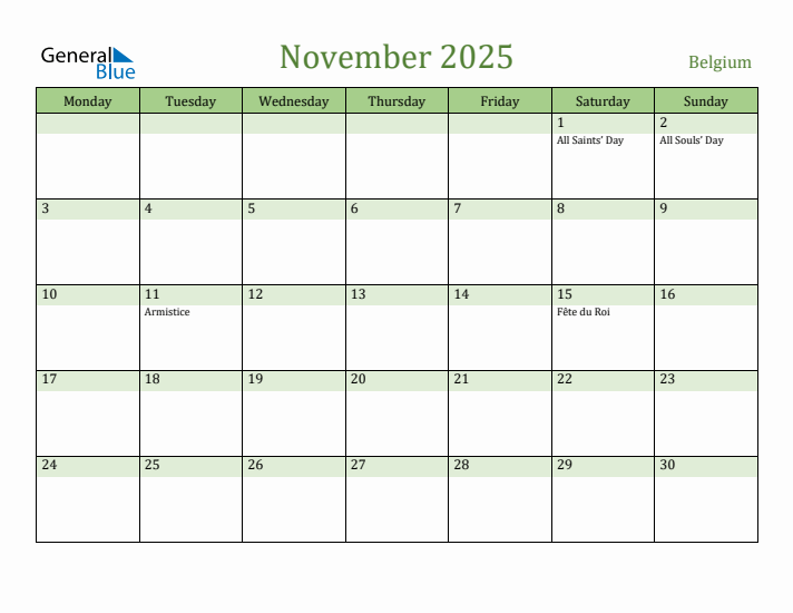 November 2025 Calendar with Belgium Holidays