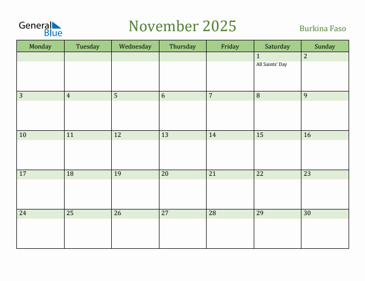 November 2025 Calendar with Burkina Faso Holidays