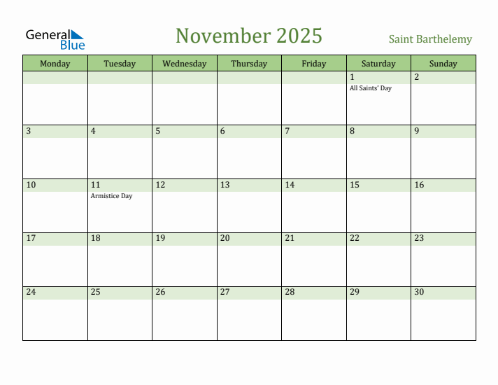 November 2025 Calendar with Saint Barthelemy Holidays
